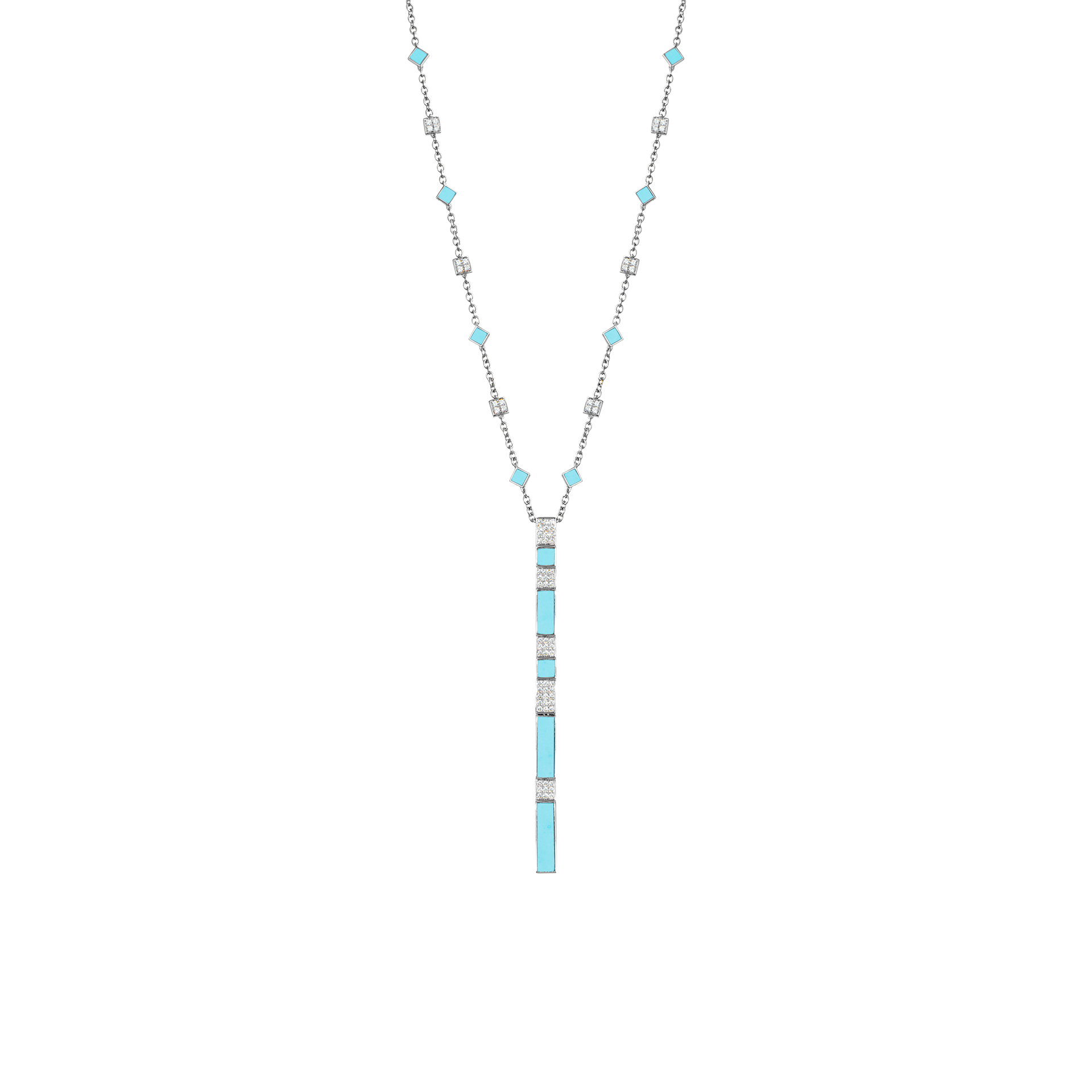 Nova Turquoise and Diamond Cascade Long Chain Pendant In 18K White Gold