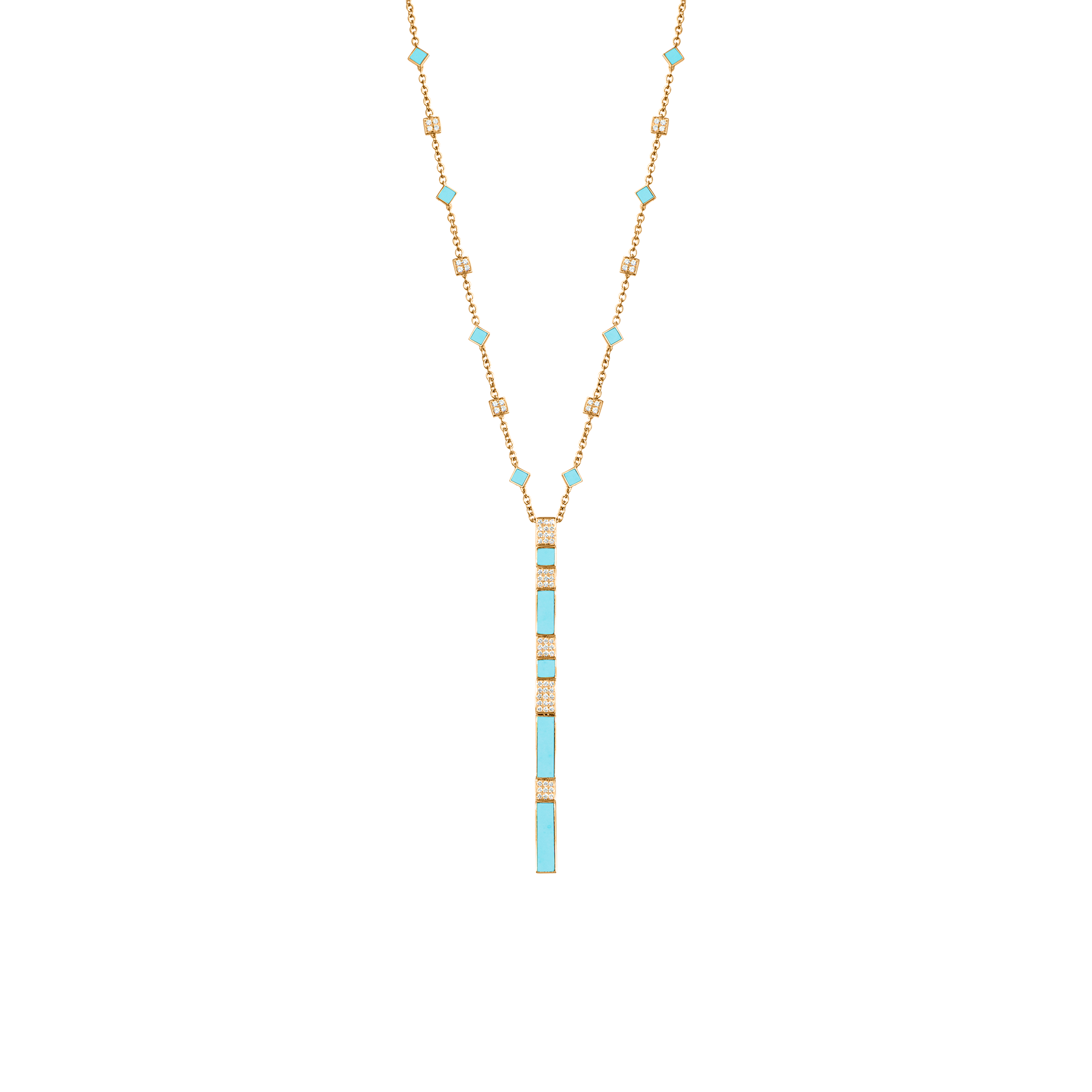 Nova Turquoise and Diamond Cascade Long Chain Pendant In 18K Yellow Gold