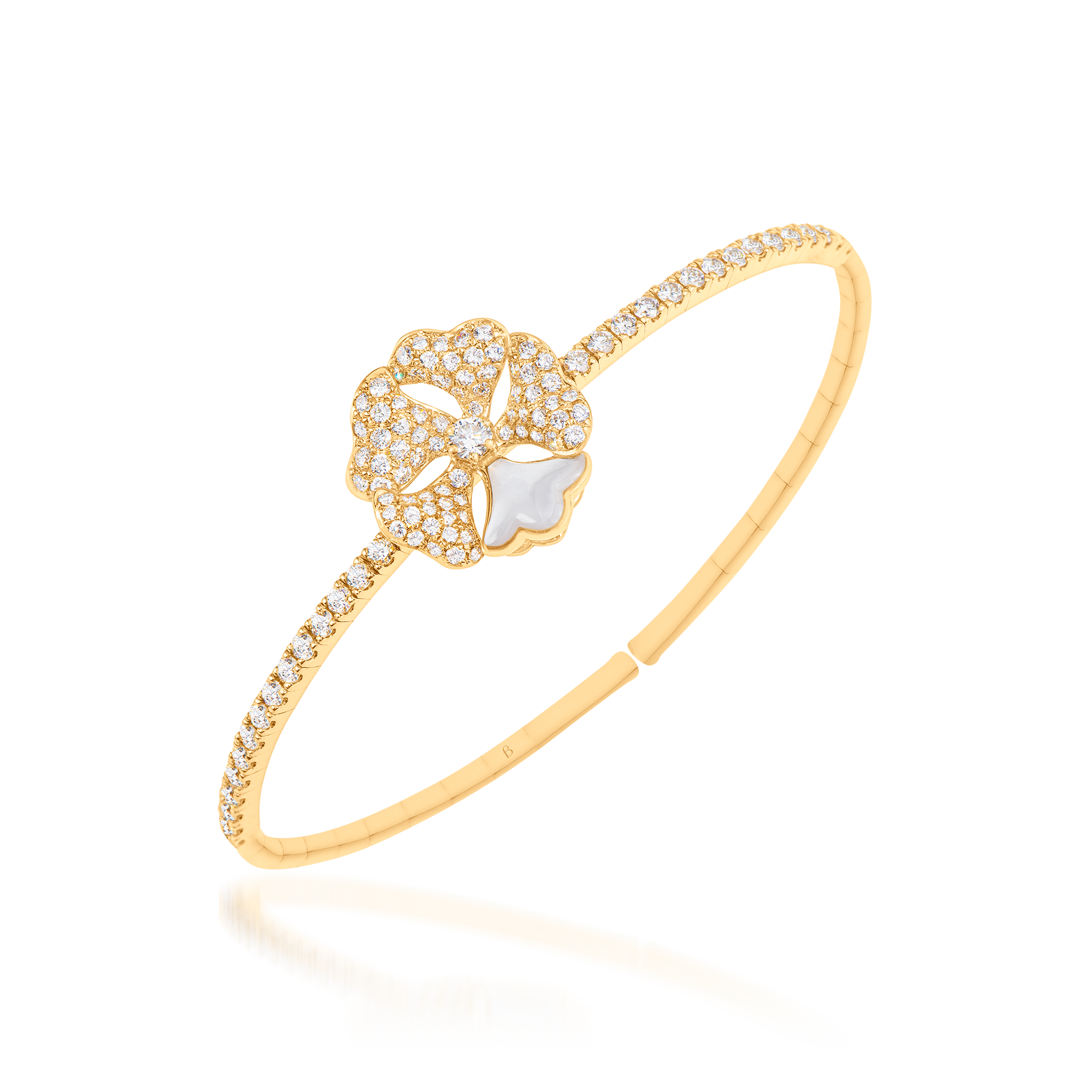 Bloom Diamond and Mother-of-Pearl Solo Flower Bangle In 18K Yellow Gold
