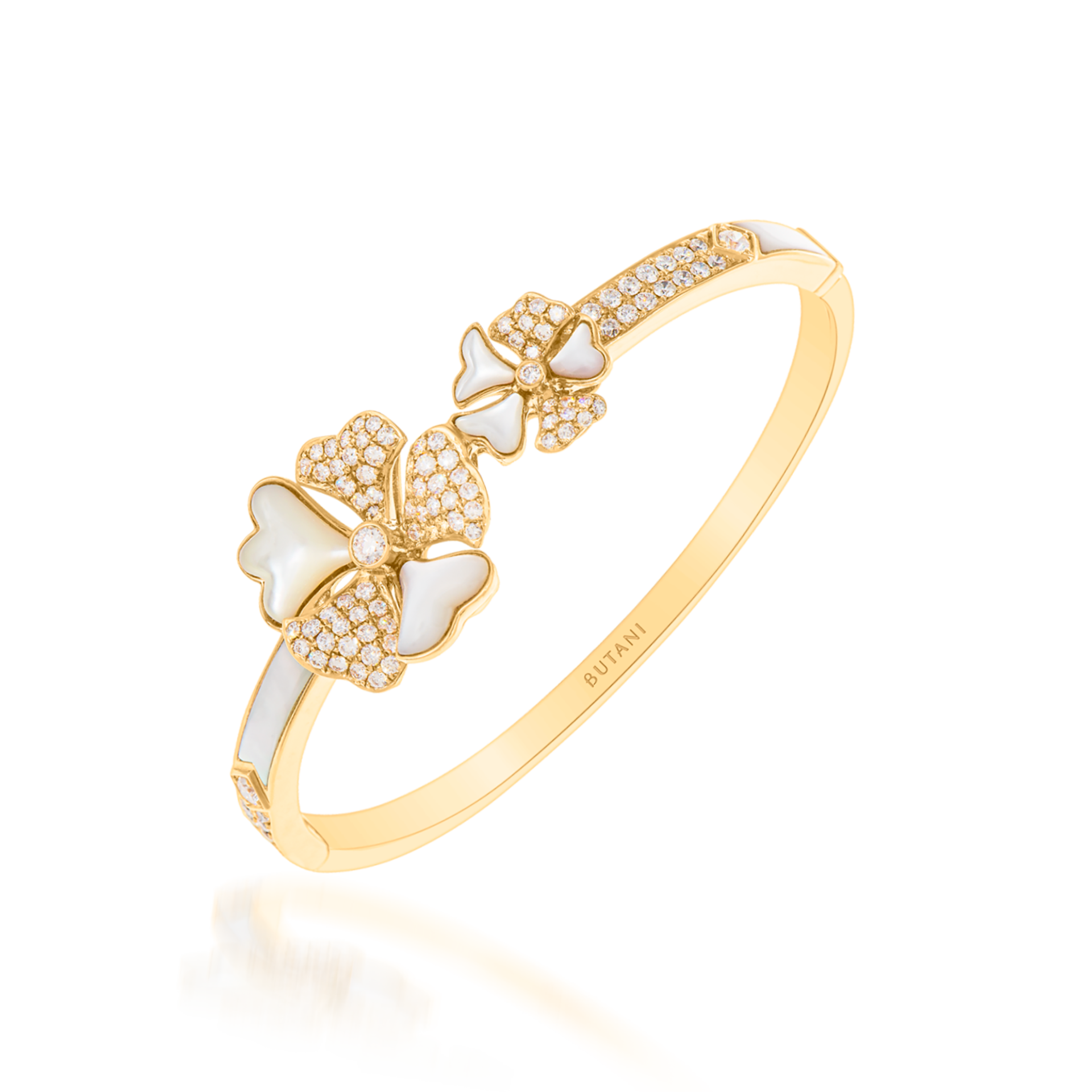 Bloom Diamond and Mother-of-Pearl Duo Flower Bangle In 18K Yellow Gold