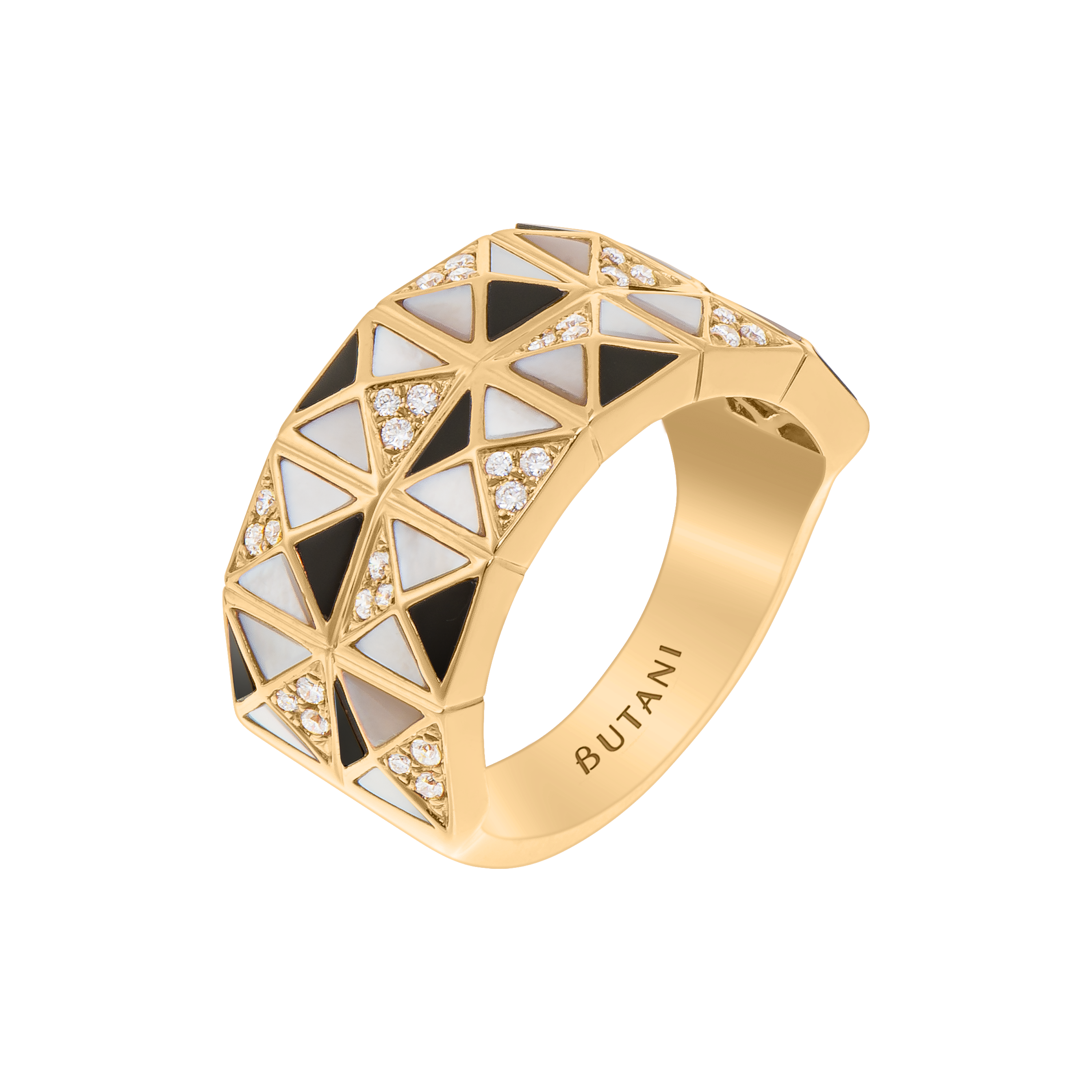 Deco Cinch Ring with Onyx, White Mother of Pearl & Diamonds In 18K Yellow Gold