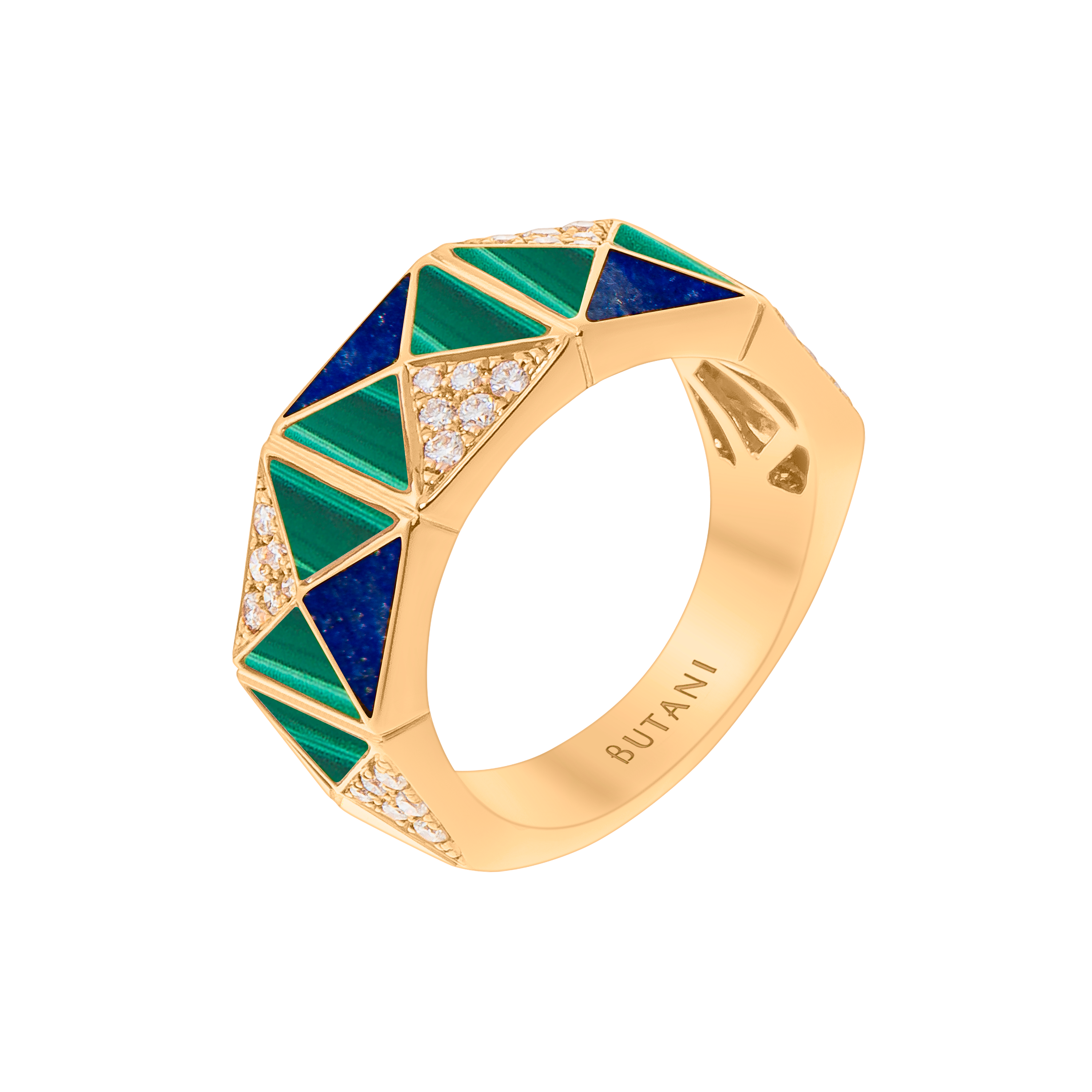 Deco Ophidia ring with Lapis Lazuli, Malachite & Diamonds in 18K Yellow Gold