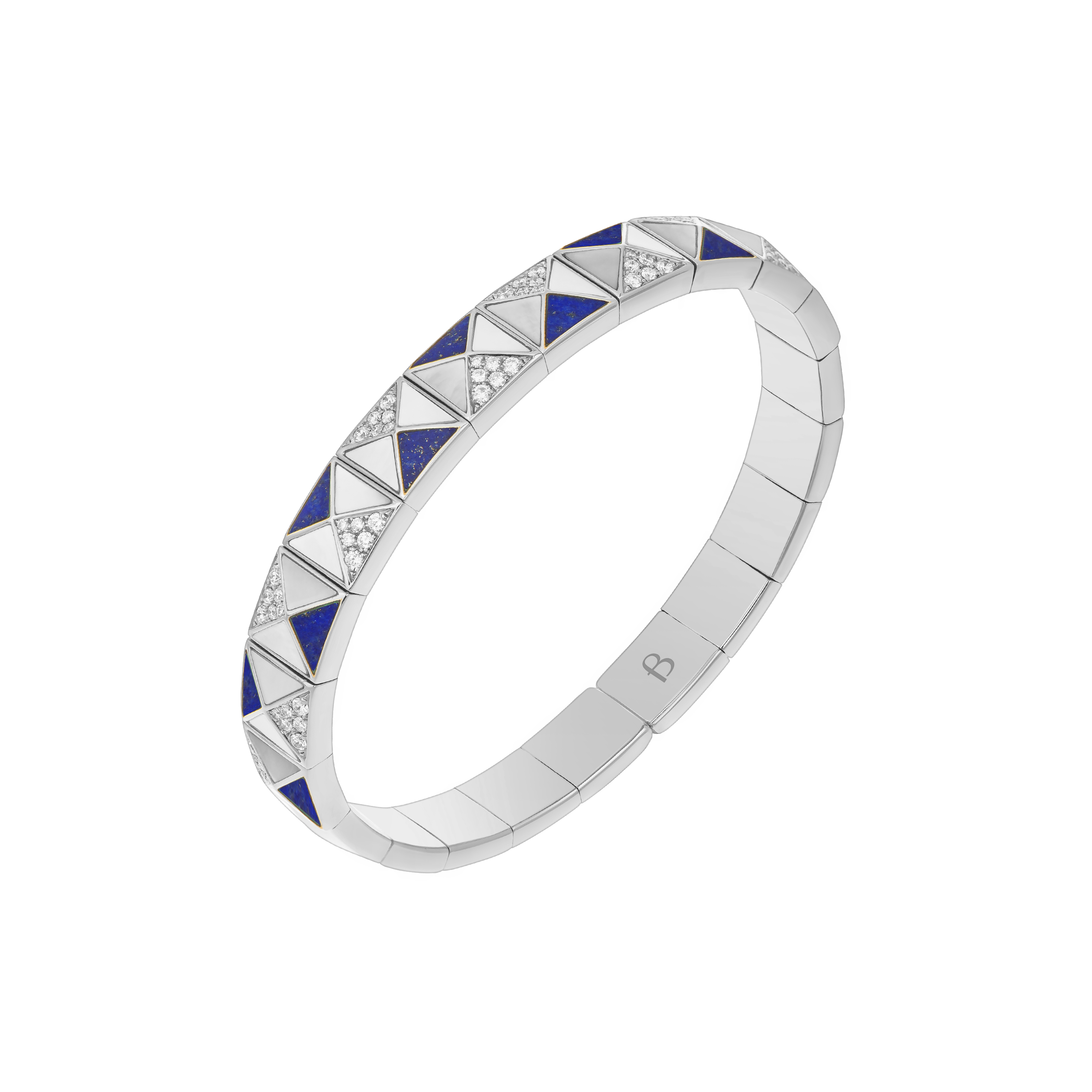 Deco Edge Bangle with Lapis Lazuli, White Mother of Pearl & Diamonds In 18K White Gold