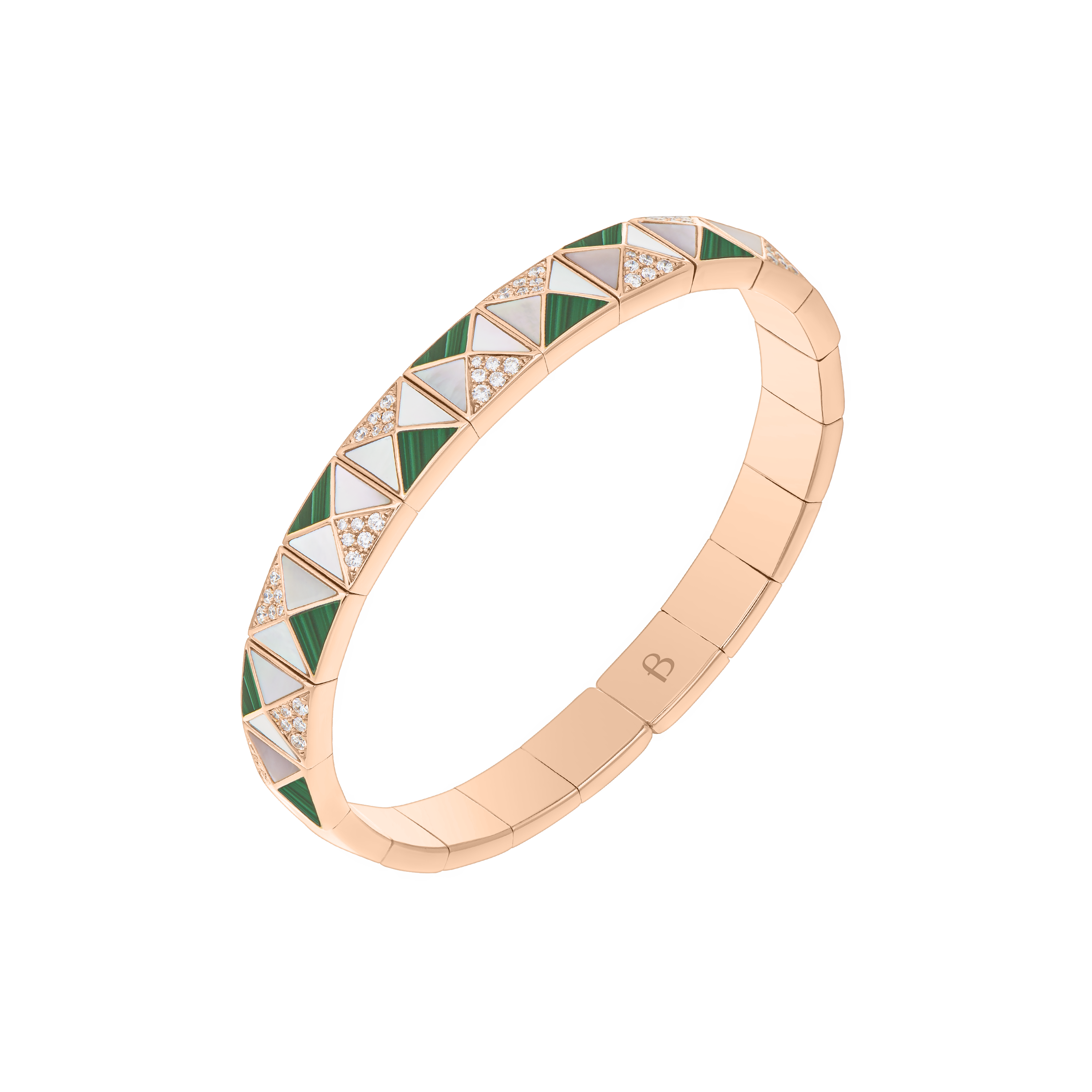 Deco Edge Bangle with Malachite, White Mother of Pearl & Diamonds In 18K Rose Gold