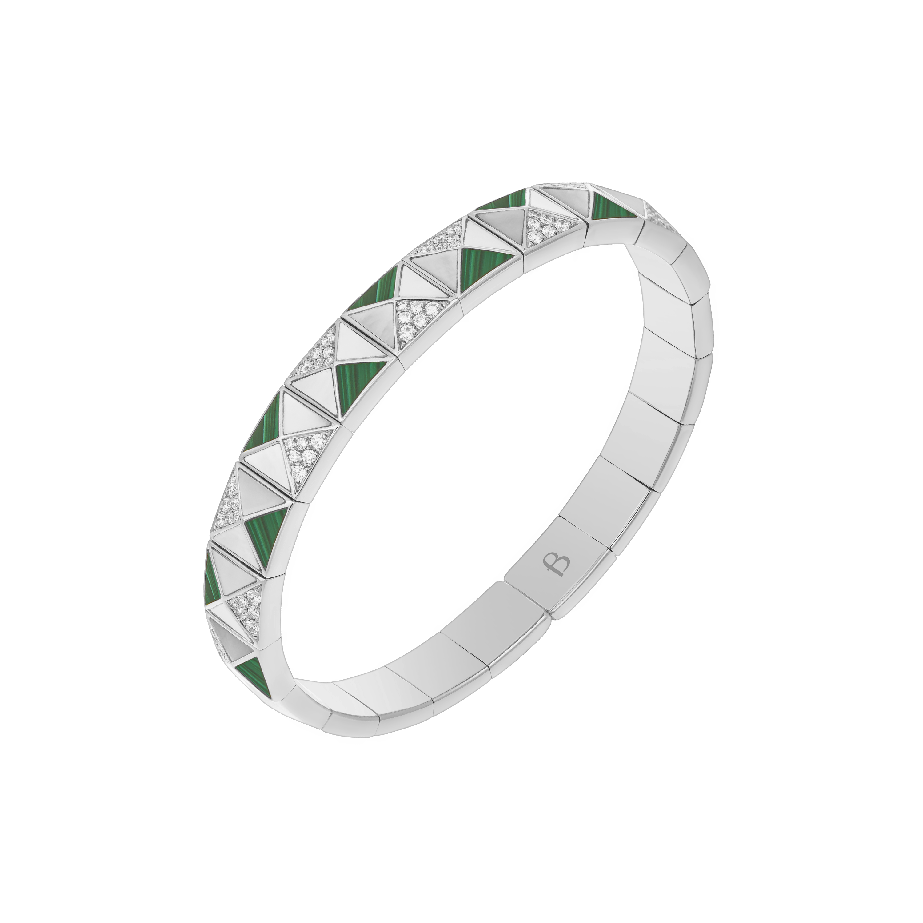 Deco Edge Bangle with Malachite, White Mother of Pearl & Diamonds In 18K White Gold