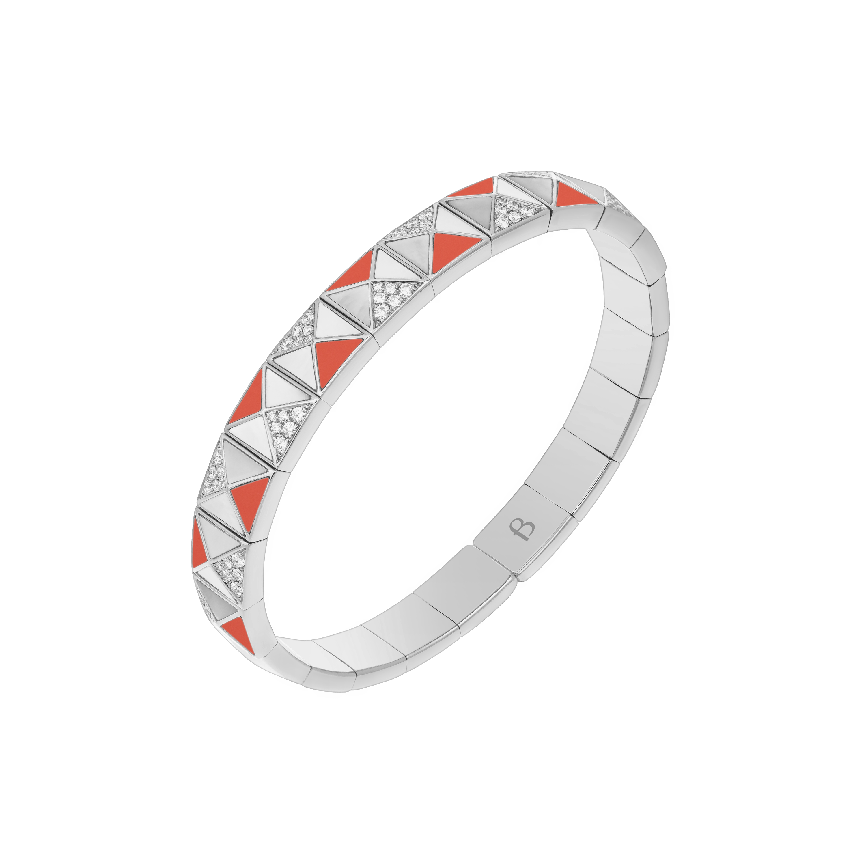 Deco Edge Bangle with Orange Coral, White Mother of Pearl & Diamonds In 18K White Gold