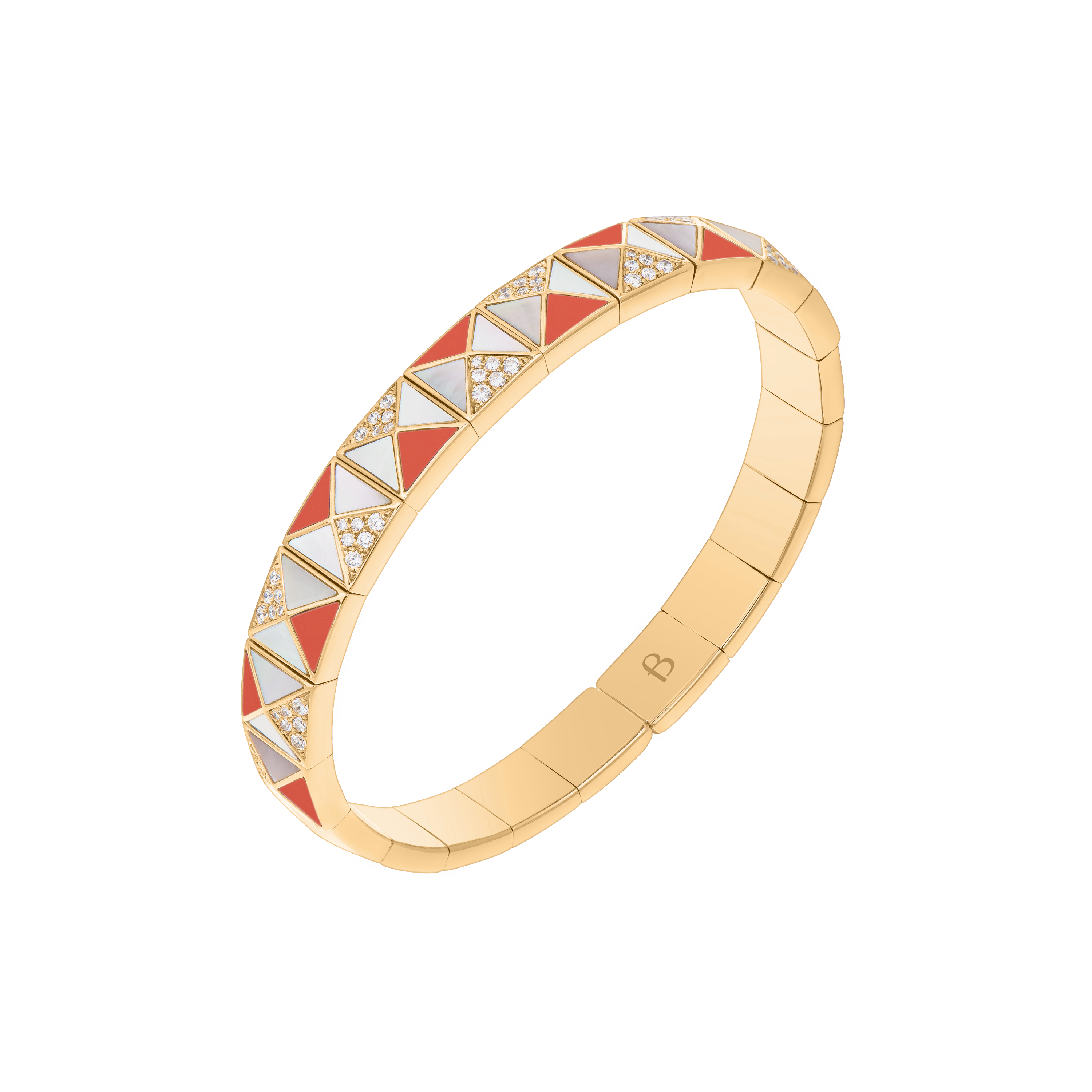 Deco Edge Bangle with Orange Coral, White Mother of Pearl & Diamonds In 18K Yellow Gold