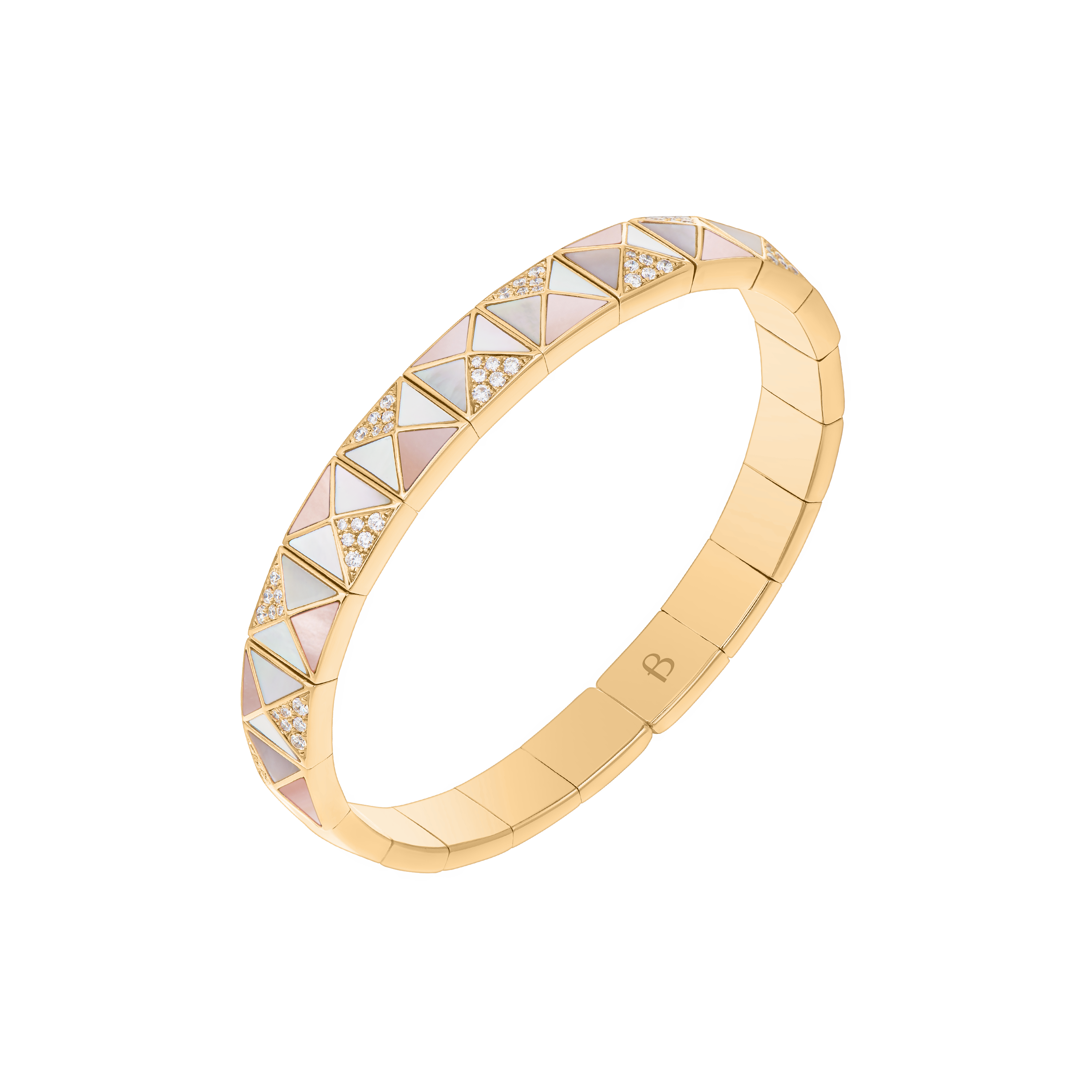 Deco Edge Bangle with Pink Mother of Pearl, White mother of Pearl & Diamonds In 18K Yellow Gold