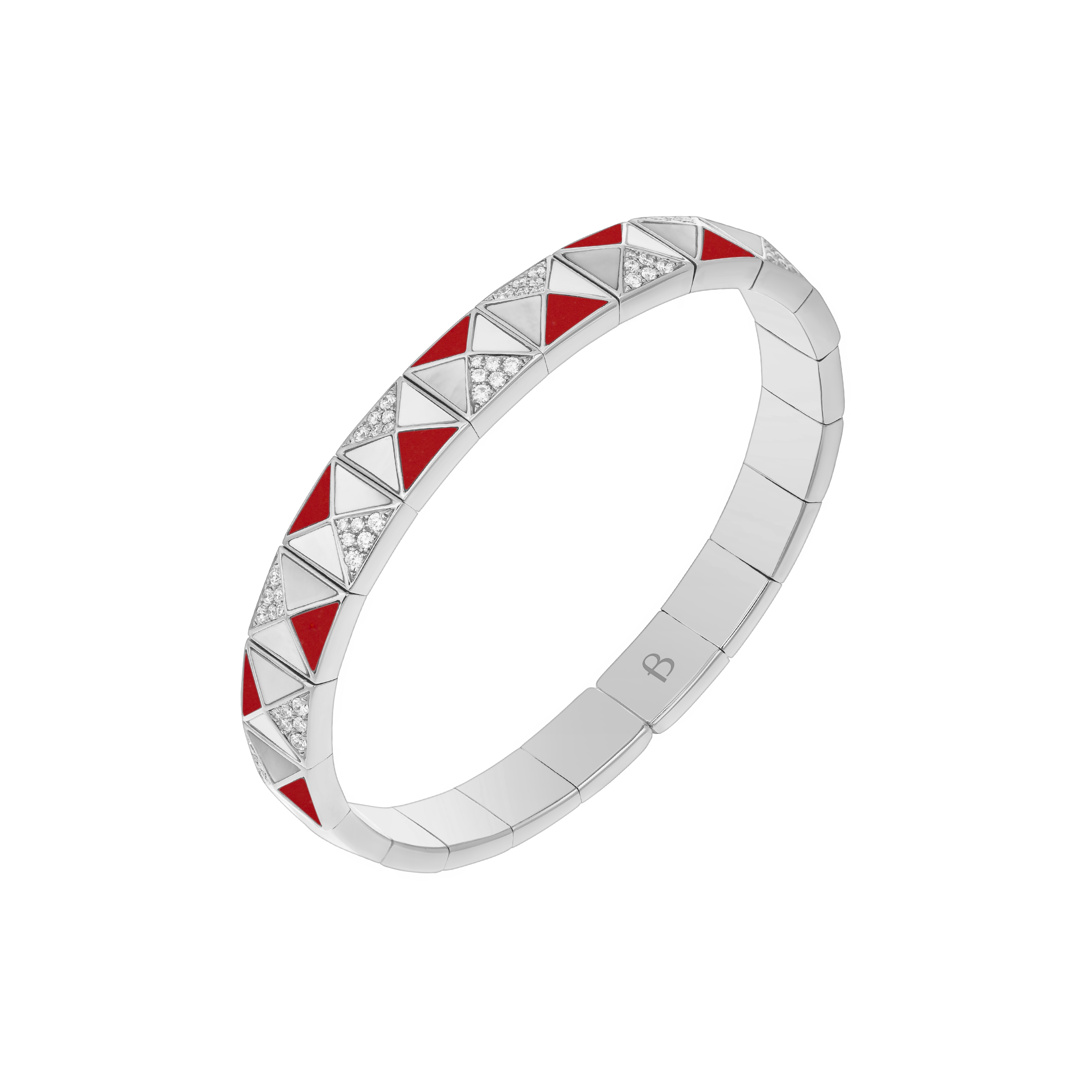 Deco Edge Bangle with Red Coral, White Mother of Pearl & Diamonds In 18K White Gold