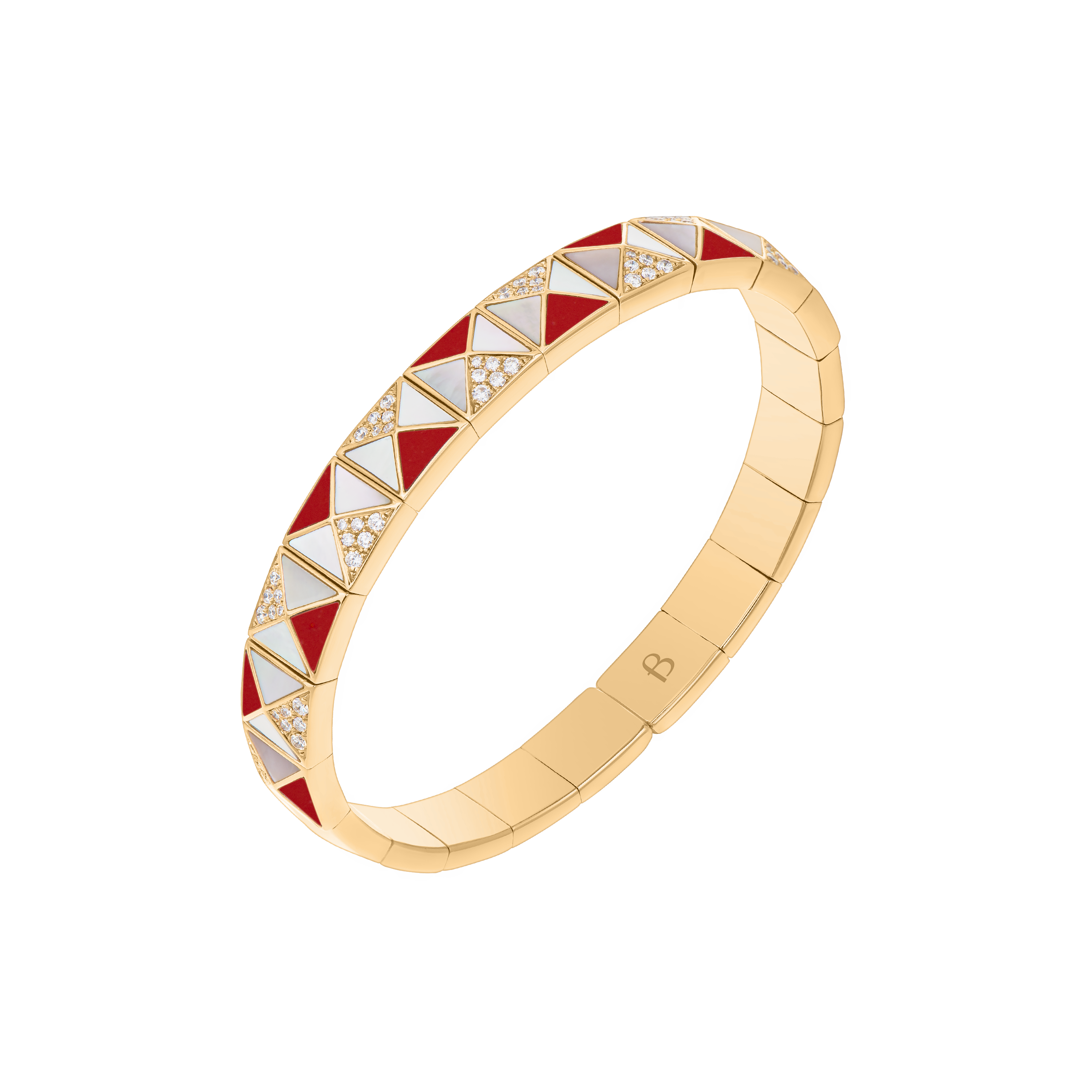 Deco Edge Bangle with Red Coral, White Mother of Pearl & Diamonds In 18K Yellow Gold