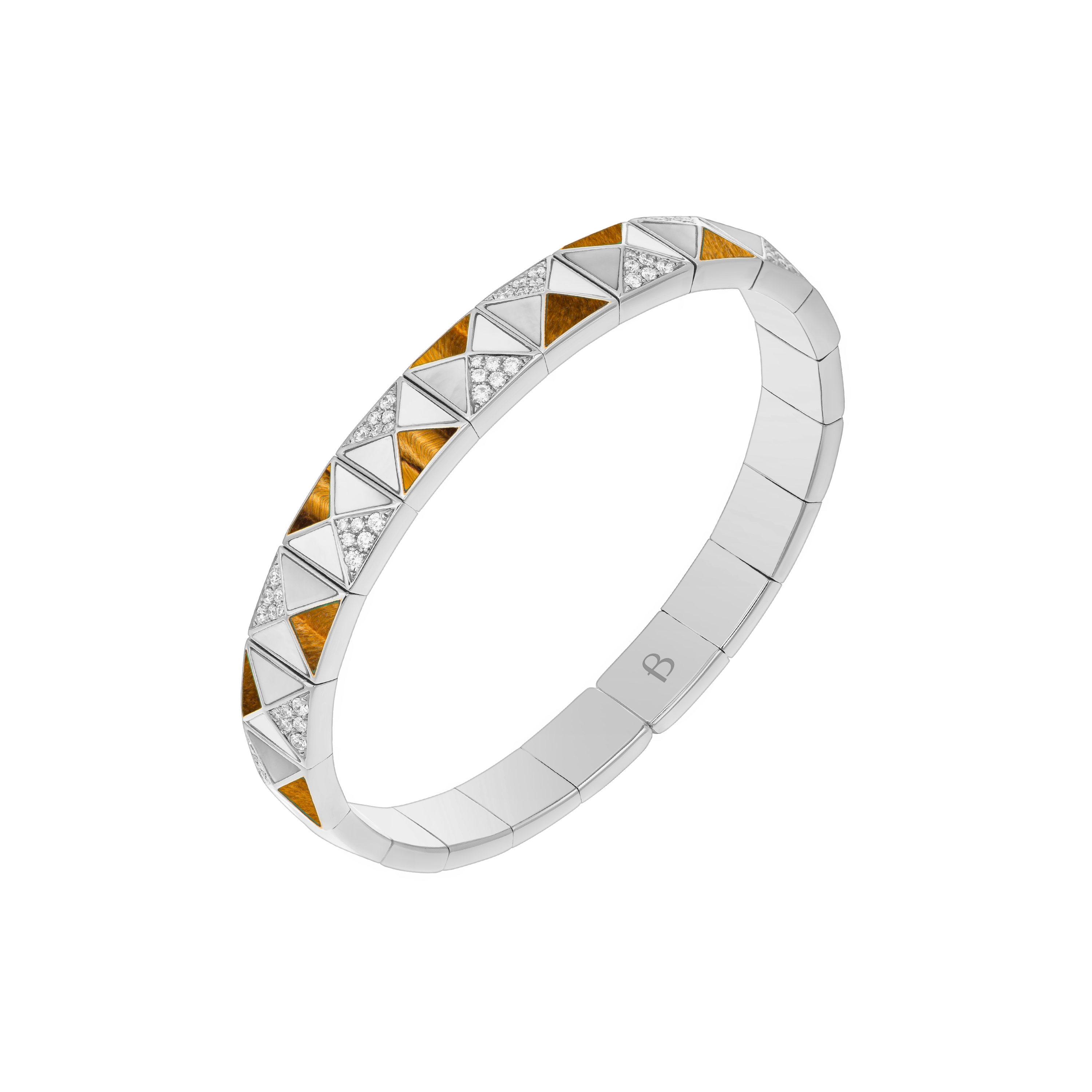 Deco Edge Bangle with Tiger Eye, White Mother of Pearl & Diamonds In 18K White Gold