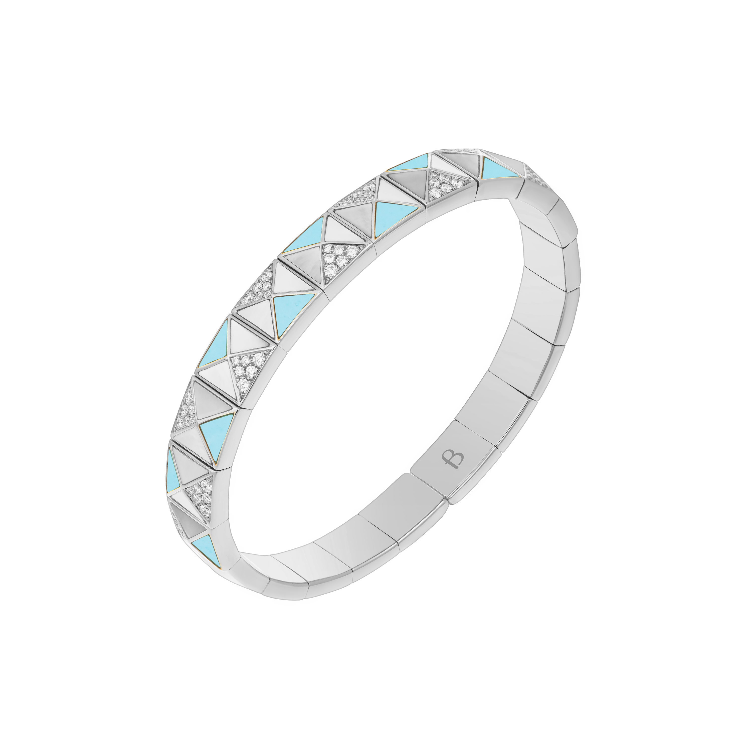 Deco Edge Bangle with Turquoise, White Mother of Pearl & Diamonds In 18K White Gold