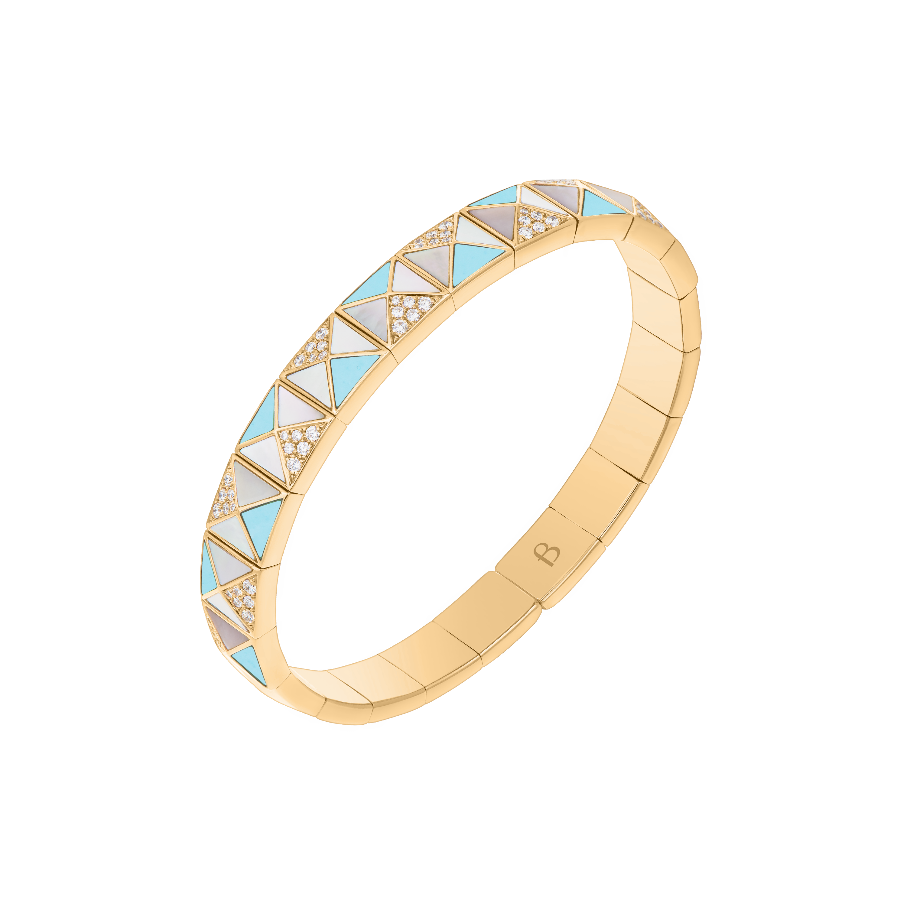 Deco Edge Bangle with Turquoise, White Mother of Pearl & Diamonds In 18K Yellow Gold