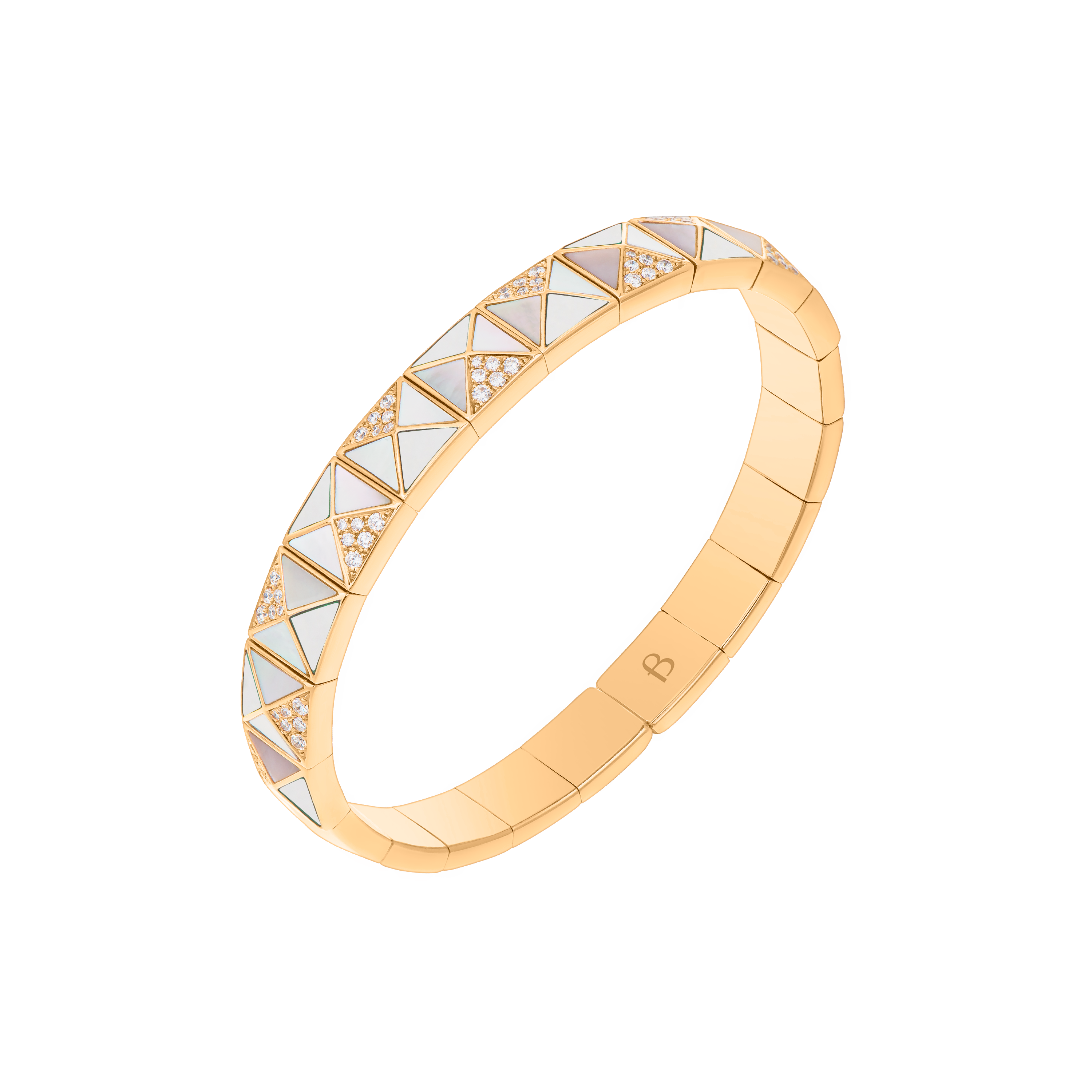 Deco Edge Bangle with White Agate, White Mother of Pearl & Diamonds In 18K Yellow Gold