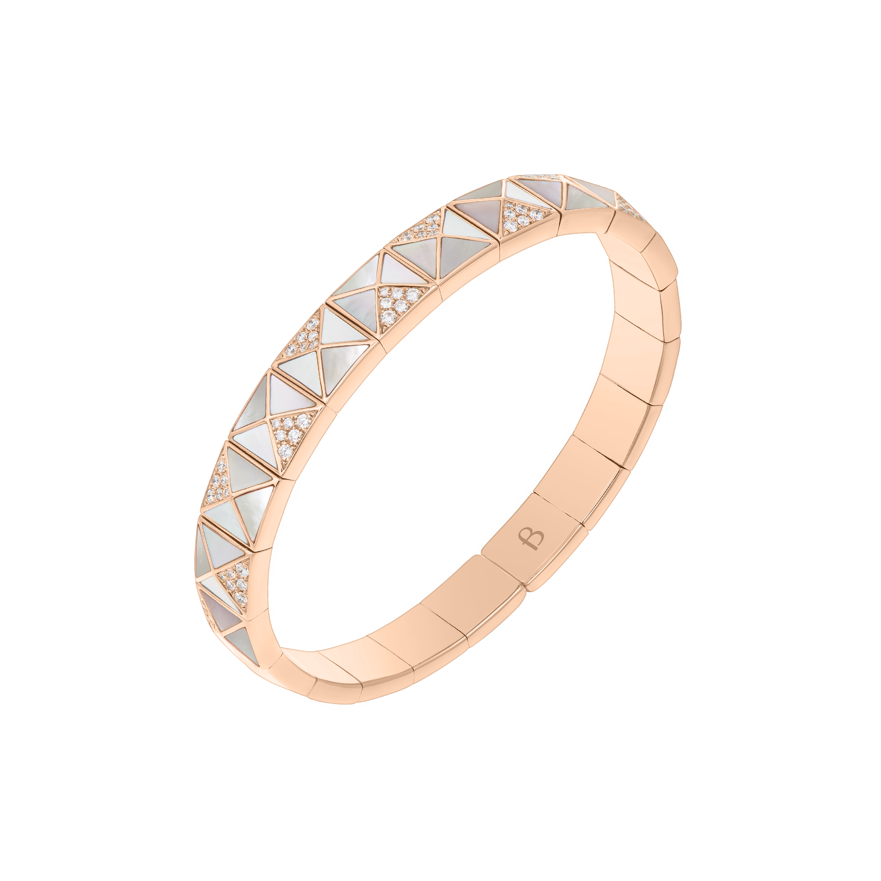 Deco Edge Bangle with White Mother of Pearl & Diamonds In 18K Rose Gold