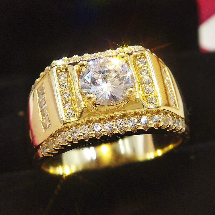 Fashion New Style Gold Plated + AAA Zircon Inlaid Rhinestone Men Diamond  Ring, Size: 8, Diameter: 18.1mm, Perimeter: 57mm