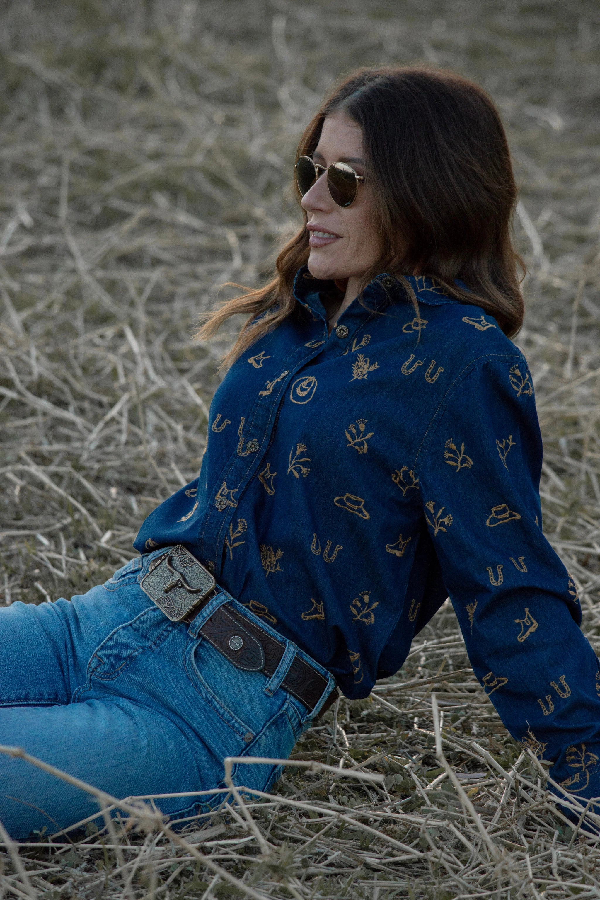 Dark Denim Lady Jane Embroidered Long Sleeve Shirt