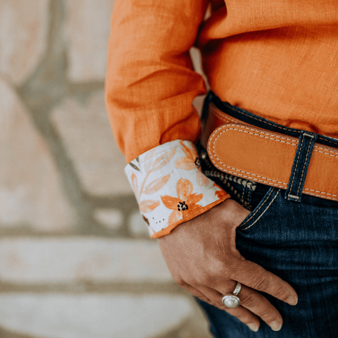 Orange Rust Organic Linen Shirt with Printed Cuff