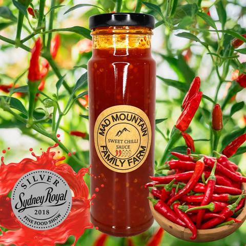 Mad mountain sweet chilli sauce bottle. small batch artisan silver medal winner Sydney royal fine food show 2018