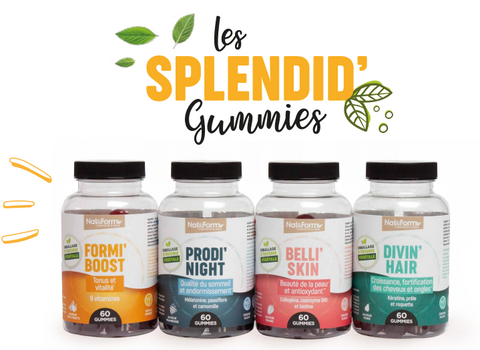 Spendid Gummies une gamme de complément alimentaire Nat & Form sous forme de délicieuses gomme pour la beauté de la peau, les cheveux et les ongles ,le tonus et le sommeil