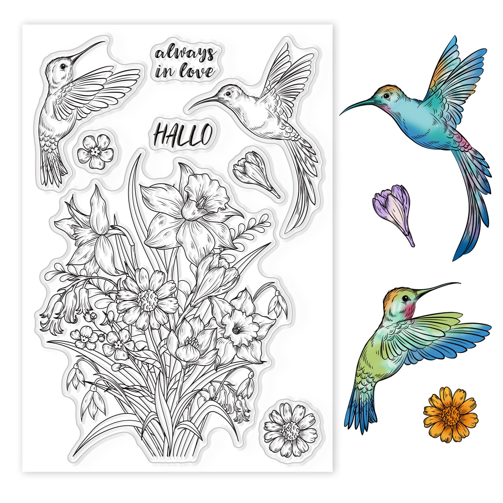 Globleland Flowers and Birds Bouquet Hummingbird Daffodils Daisy Plant Clear Stamps Silicone Stamp Seal for Card Making Decoration and DIY Scrapbooking