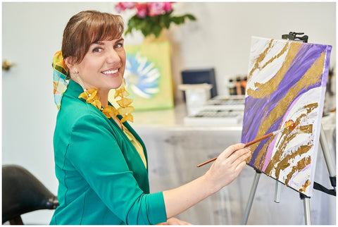 Modern Abstract Art Painting Class Party Applying Gold leaf Foil Over Acrylic On Canvas at Chicago Art & Style Academy With Artist Alesia Chaika Social painting on Canvas