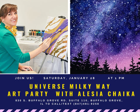 Art Party Universe-Milky Way. Birthday Celebration, Social Painting, Corporate Art Day with Artist Alesia Chaika at Art & Style Academy in Buffalo Grove, IL Chicago