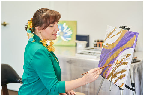 Best Art Classes in Chicago Alesia Chaika Art-A-Porte Party on Saturday at 1 pm. Modern Abstract Art With Gold Leaf Foil On Canvas
