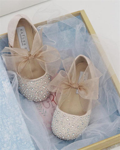 Champagne Shoes for Flower Girls with Bow Ties