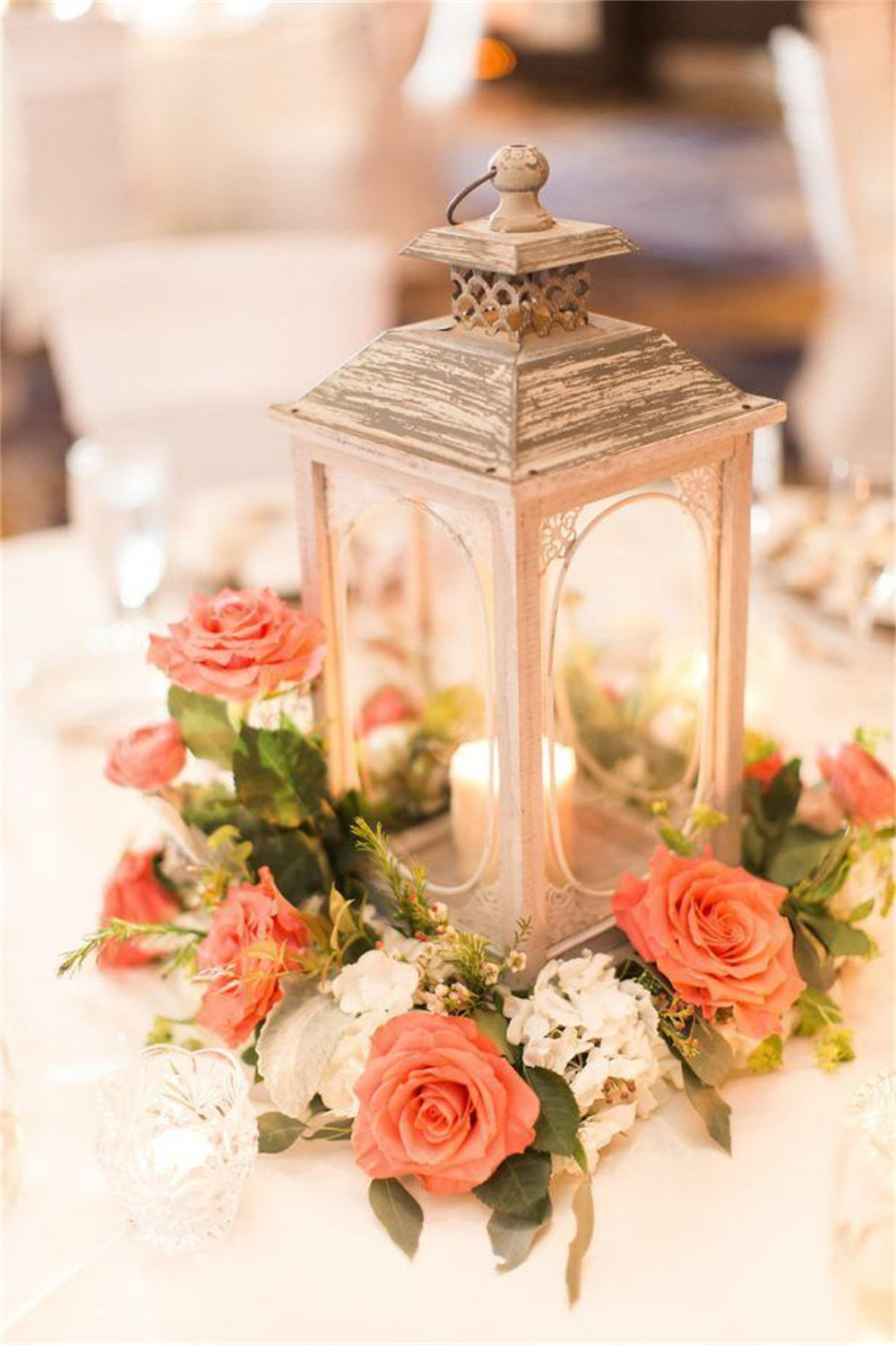 Vintage Coral Wedding Centerpieces with Flowers and Lanterns