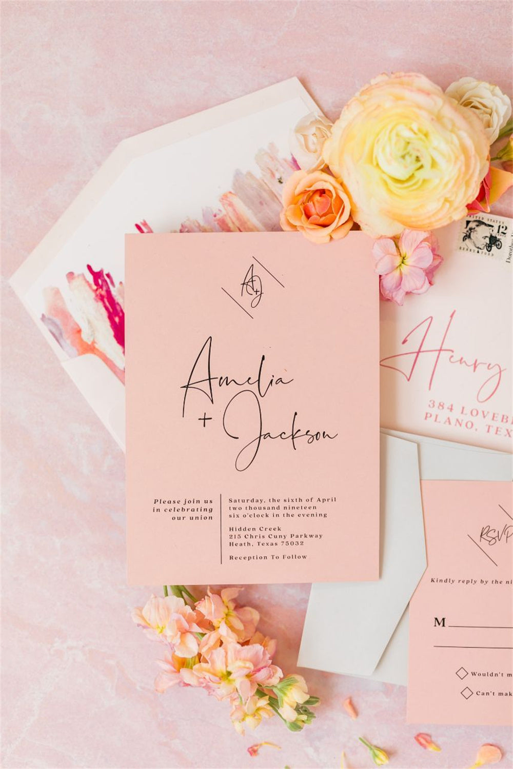 Classic Coral Wedding Invitations with Black Designs