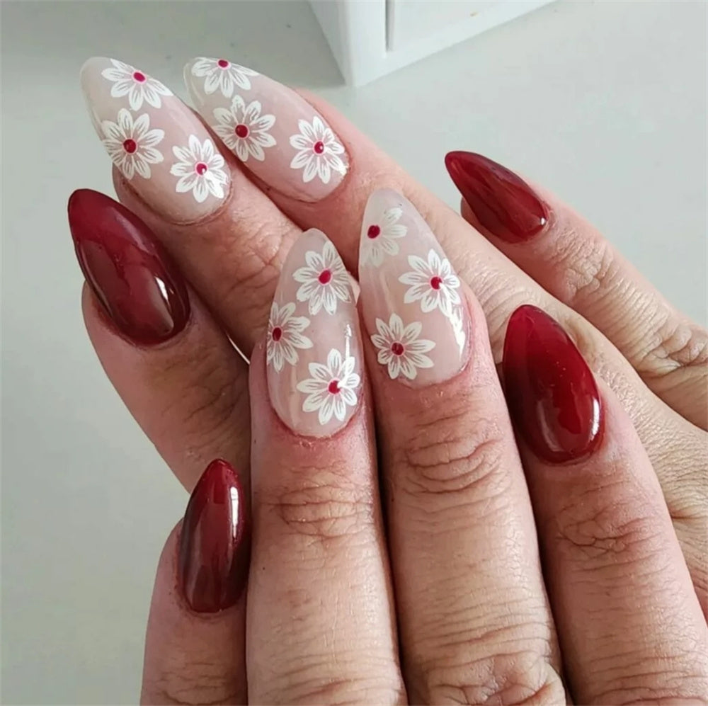 Burgundy and White Floral Wedding Nail Ideas