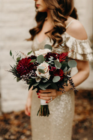 chic burgundy and green winter wedding bouquets