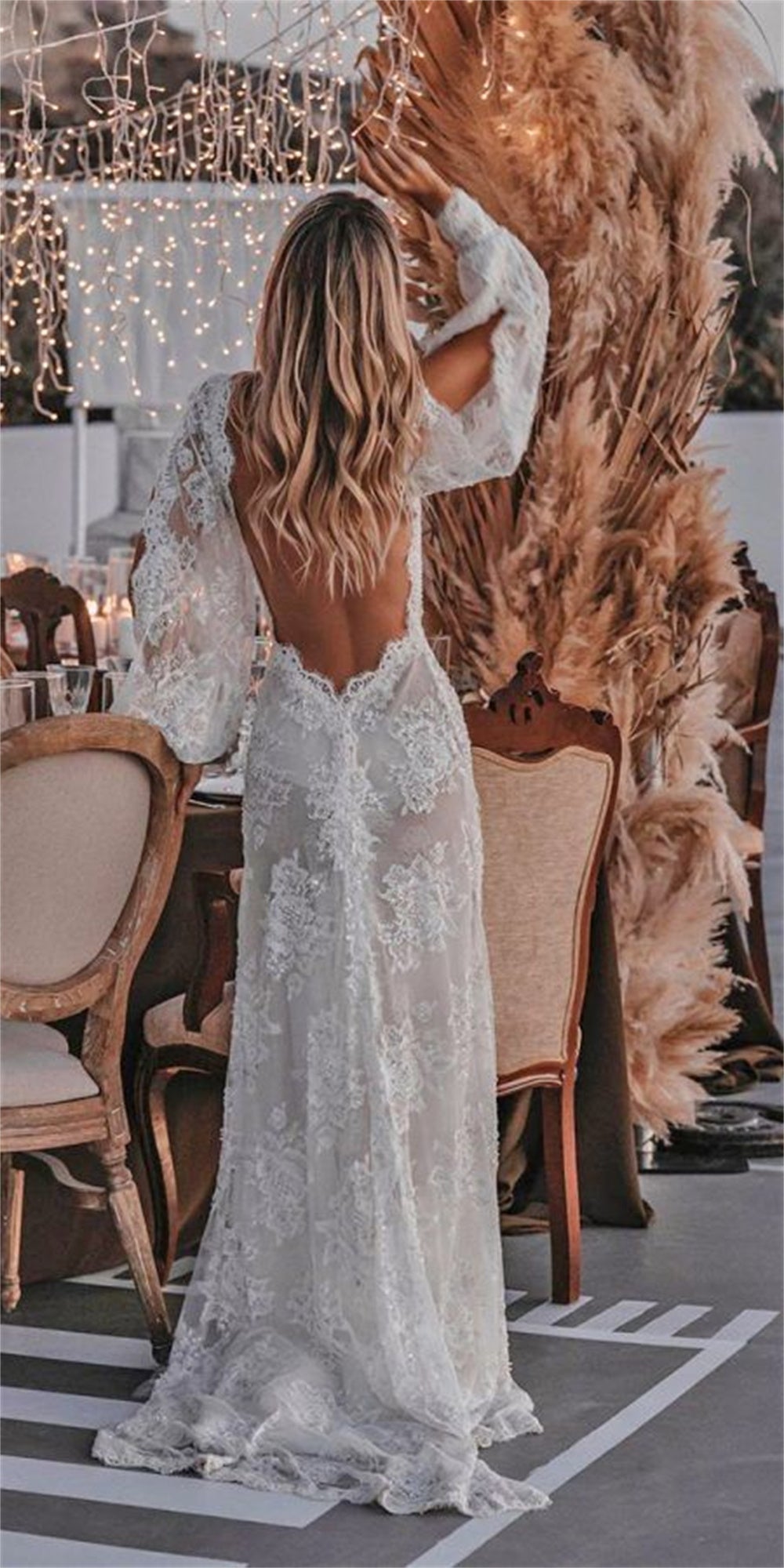 Backless Lace Bohemian Wedding Dresses with Long Sleeves