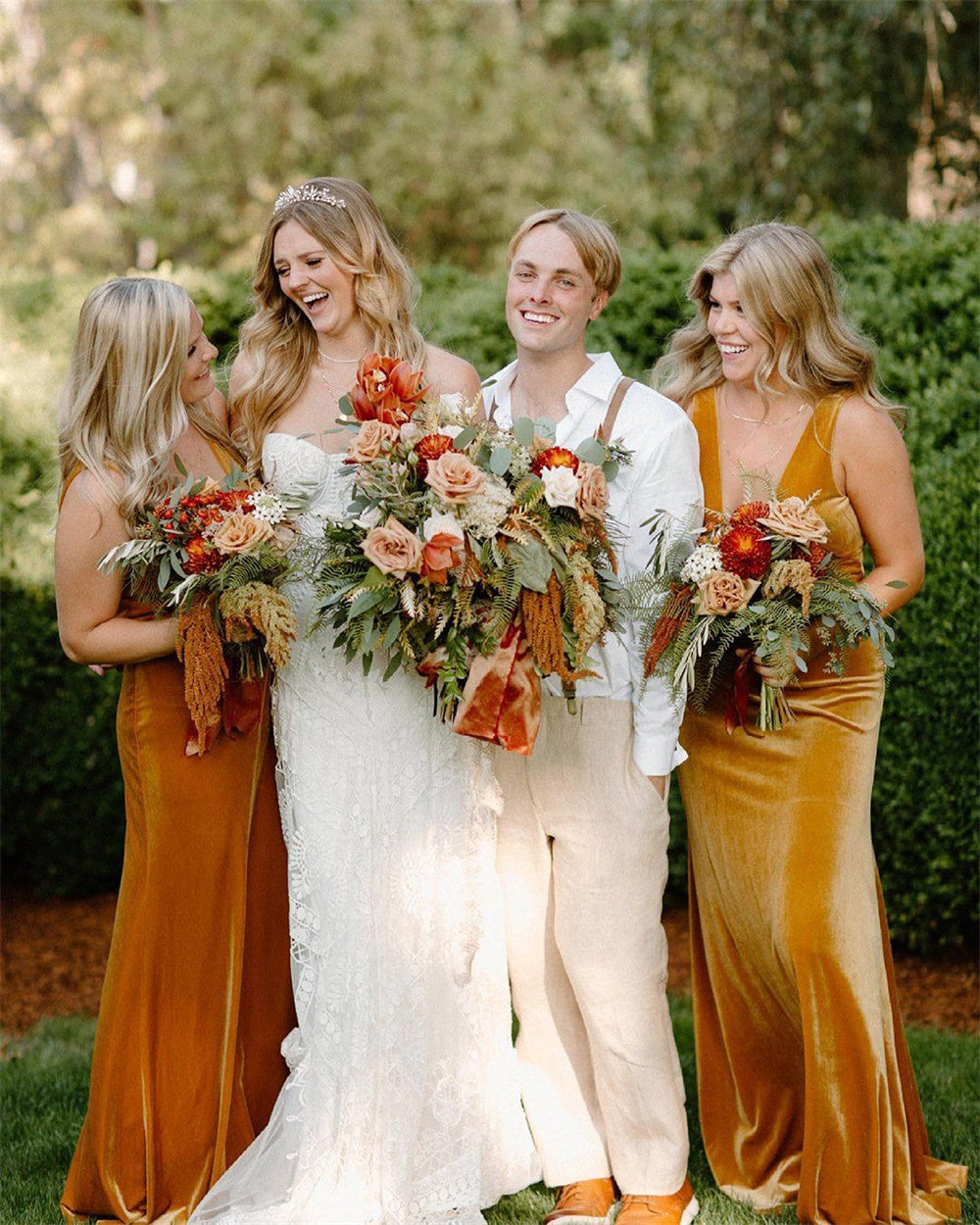 Simple Orange Velvet Bridesmaid Dresses for a Garden Wedding