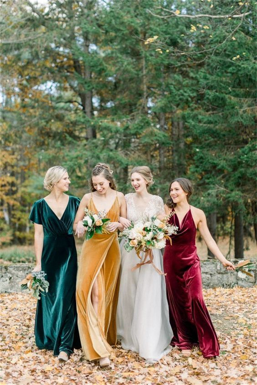 Elegant Mismatched Velvet Bridesmaid Dresses for Garden Weddings