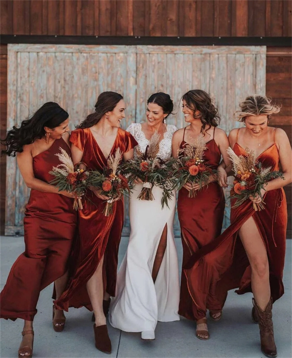 Burgundy Velvet Bridesmaid Dresses for Fall Wedding