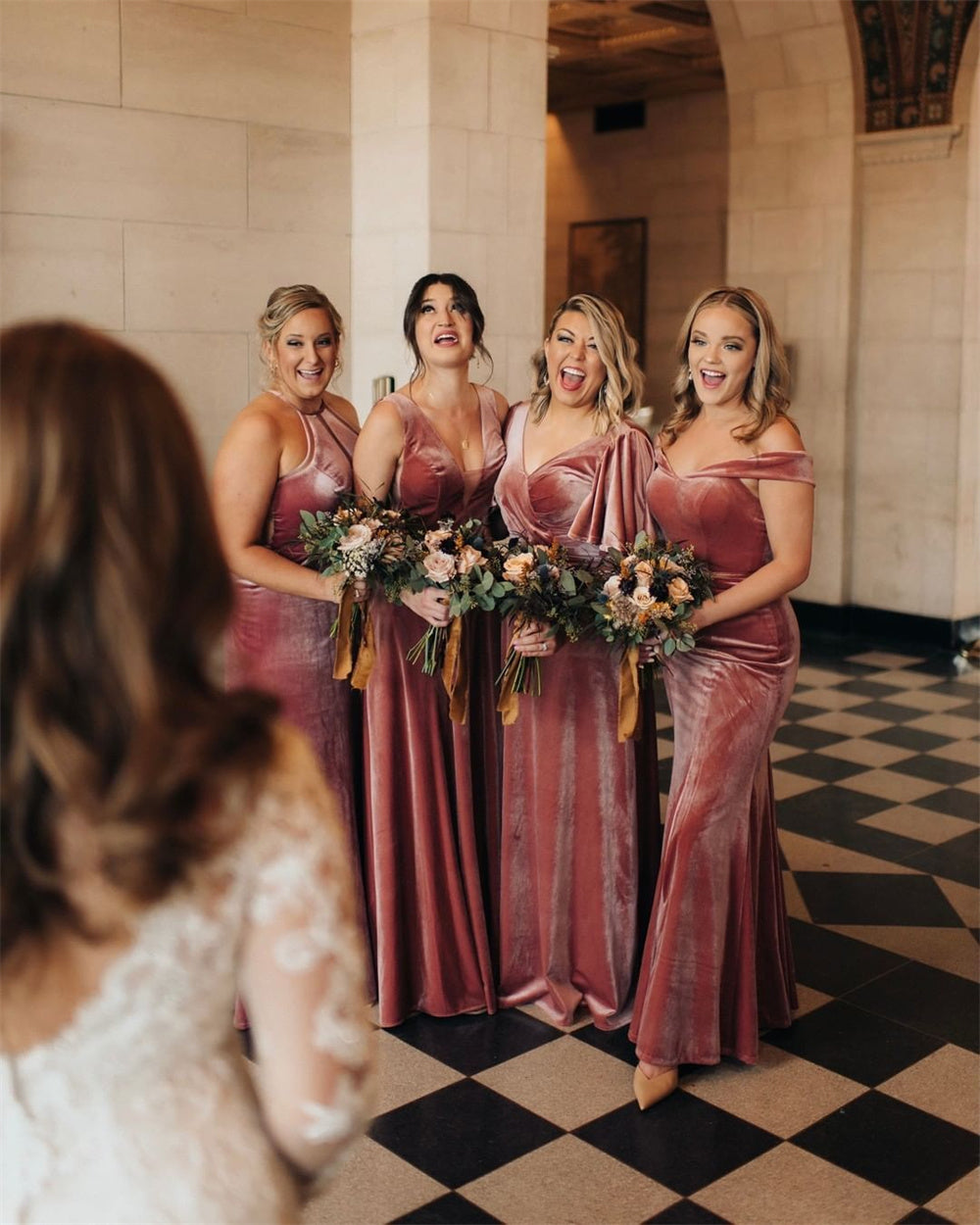 Dusty Pink Velvet Bridesmaid Dresses for Summer Weddings