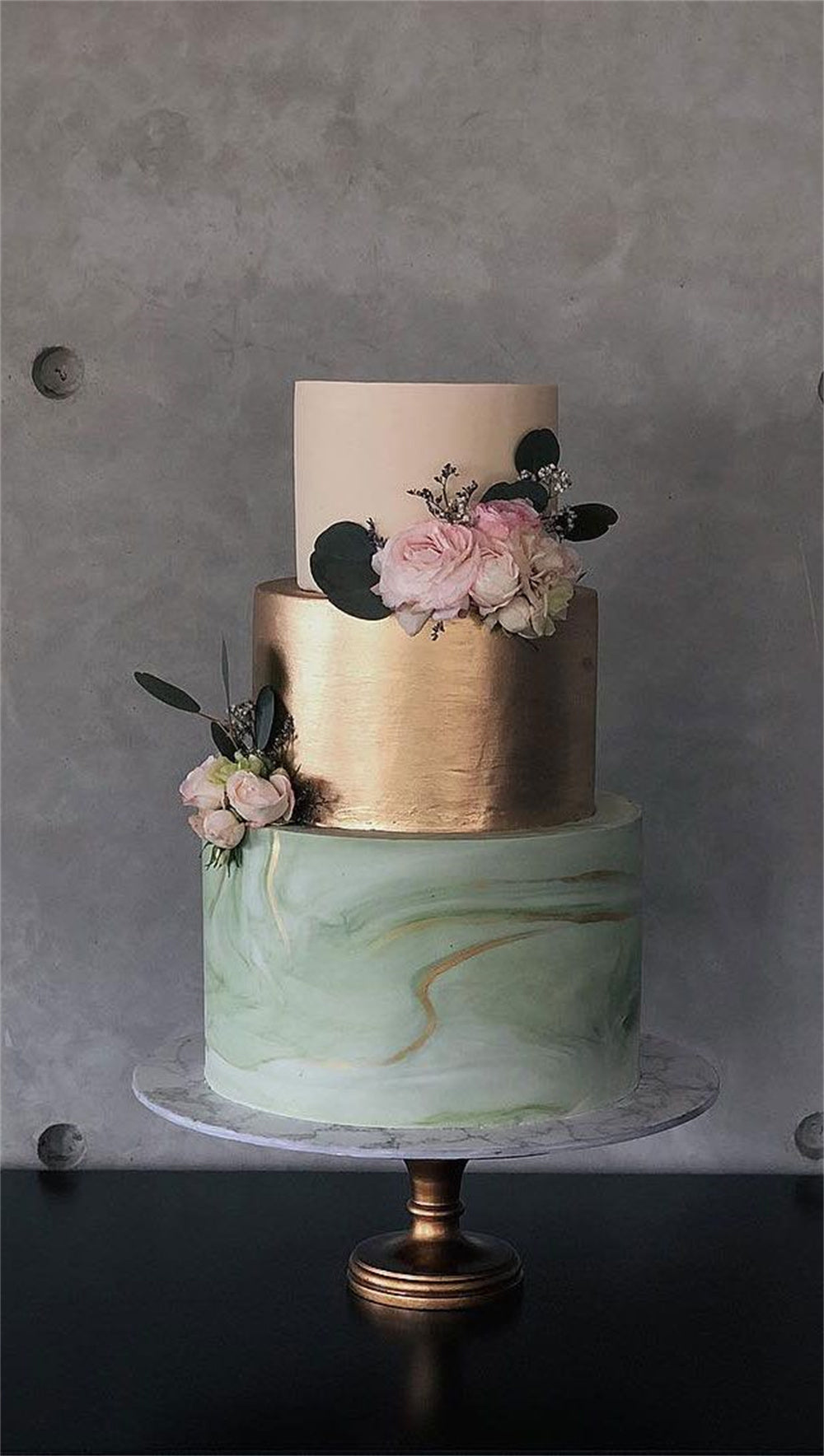 Three-tied Marble Wedding Cakes with Metallic Accents