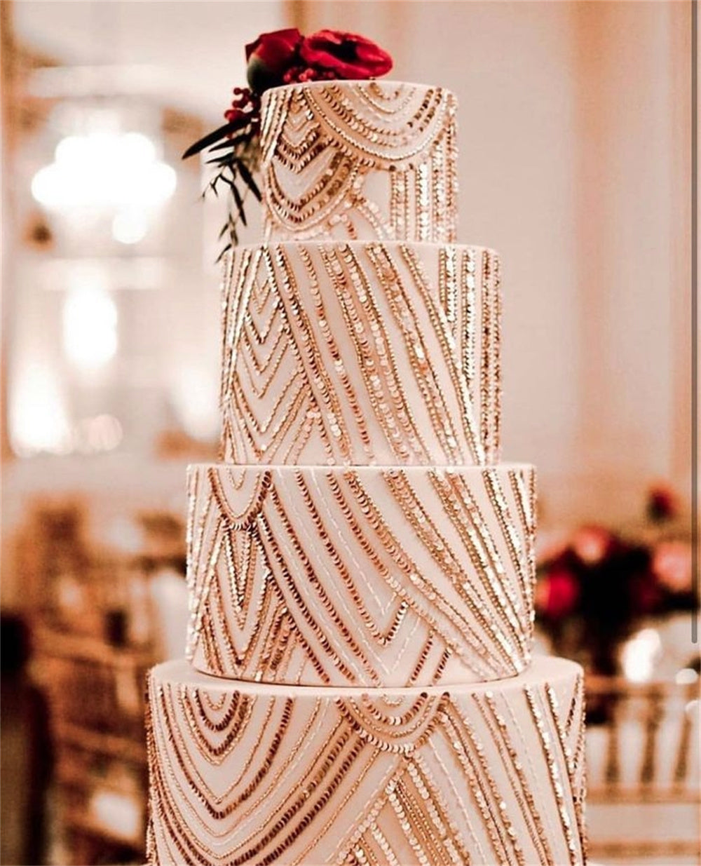 Rose Gold Multi-layered Wedding Cake Ideas with Sequin Details