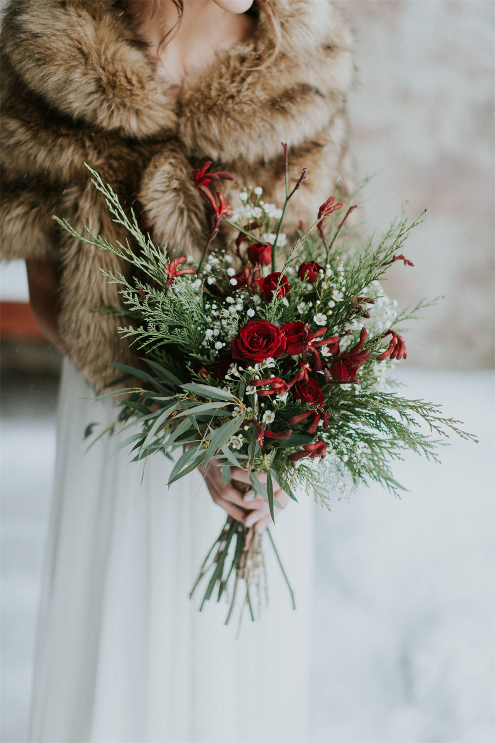 Winter Wedding Bouquets with Red Roses and Greenery