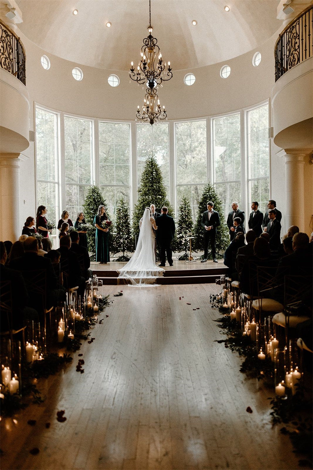 Cozy Snowy Winter Wedding Ceremony with Pine Trees