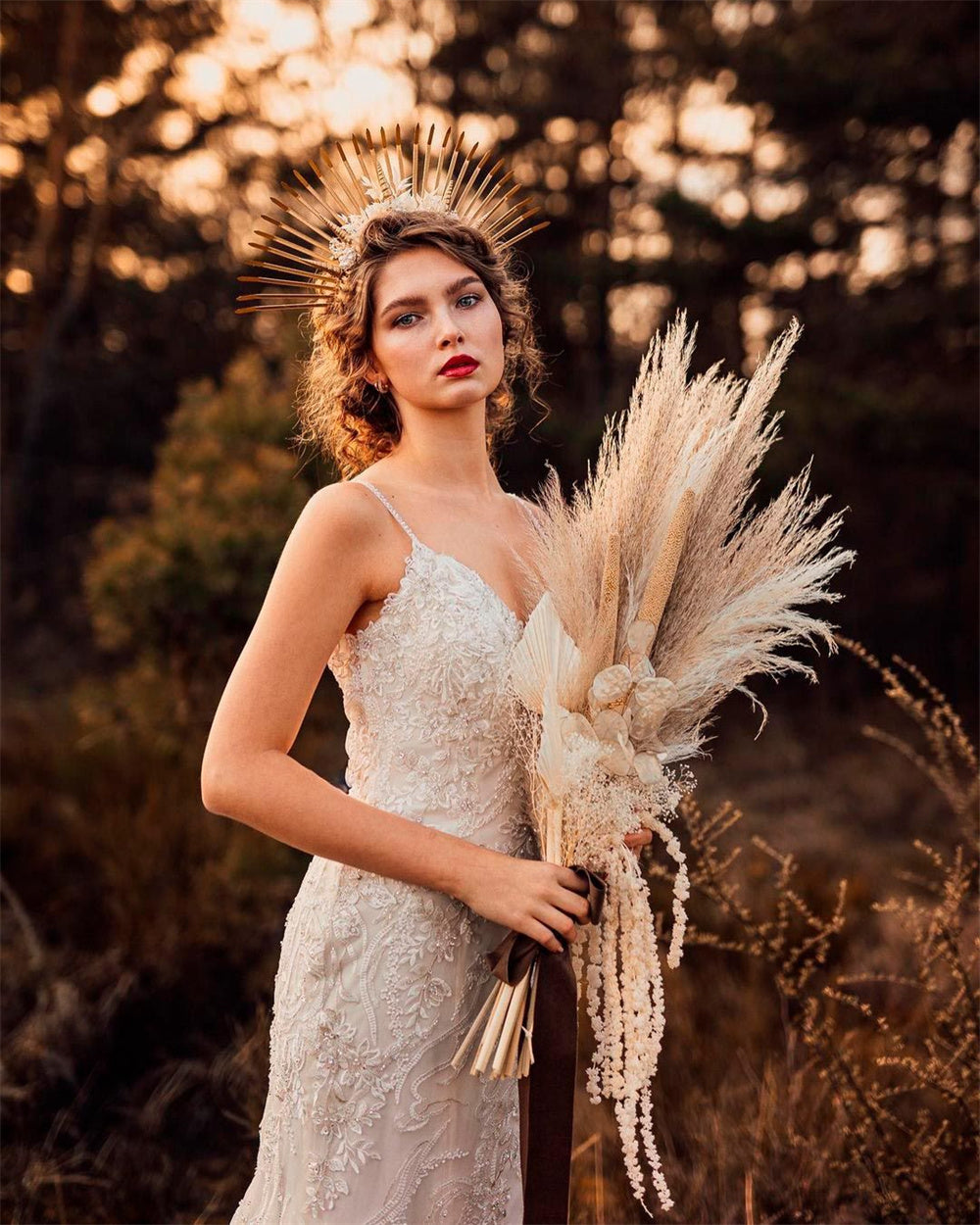 Classic Bohemian Wedding Dresses with Crown and Pampas