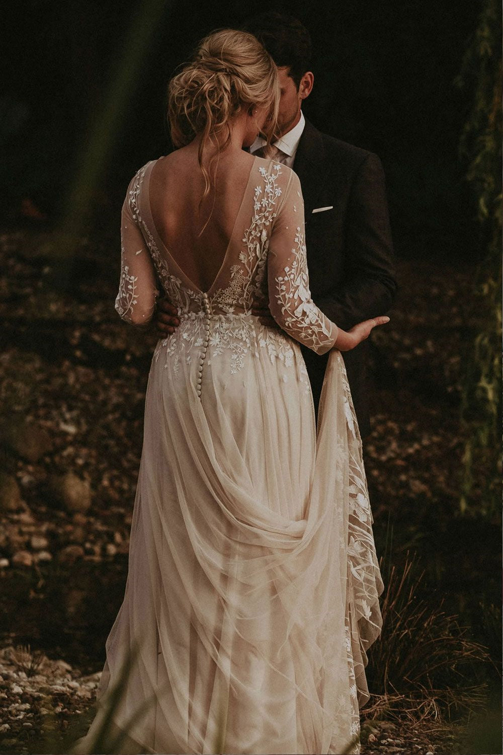 Elegant Earthy Tone Bohemian Wedding Dresses  with Open Back