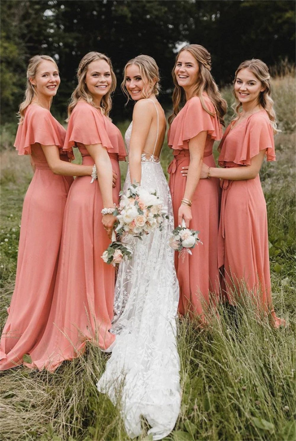Outdoor Wedding with Coral Bridesmaid Dresses