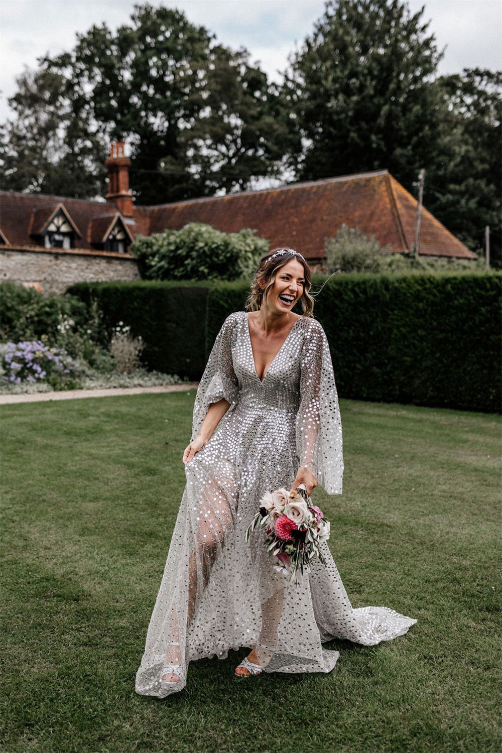 Gray Sequin Wedding Dresses for Outdoor Wedding