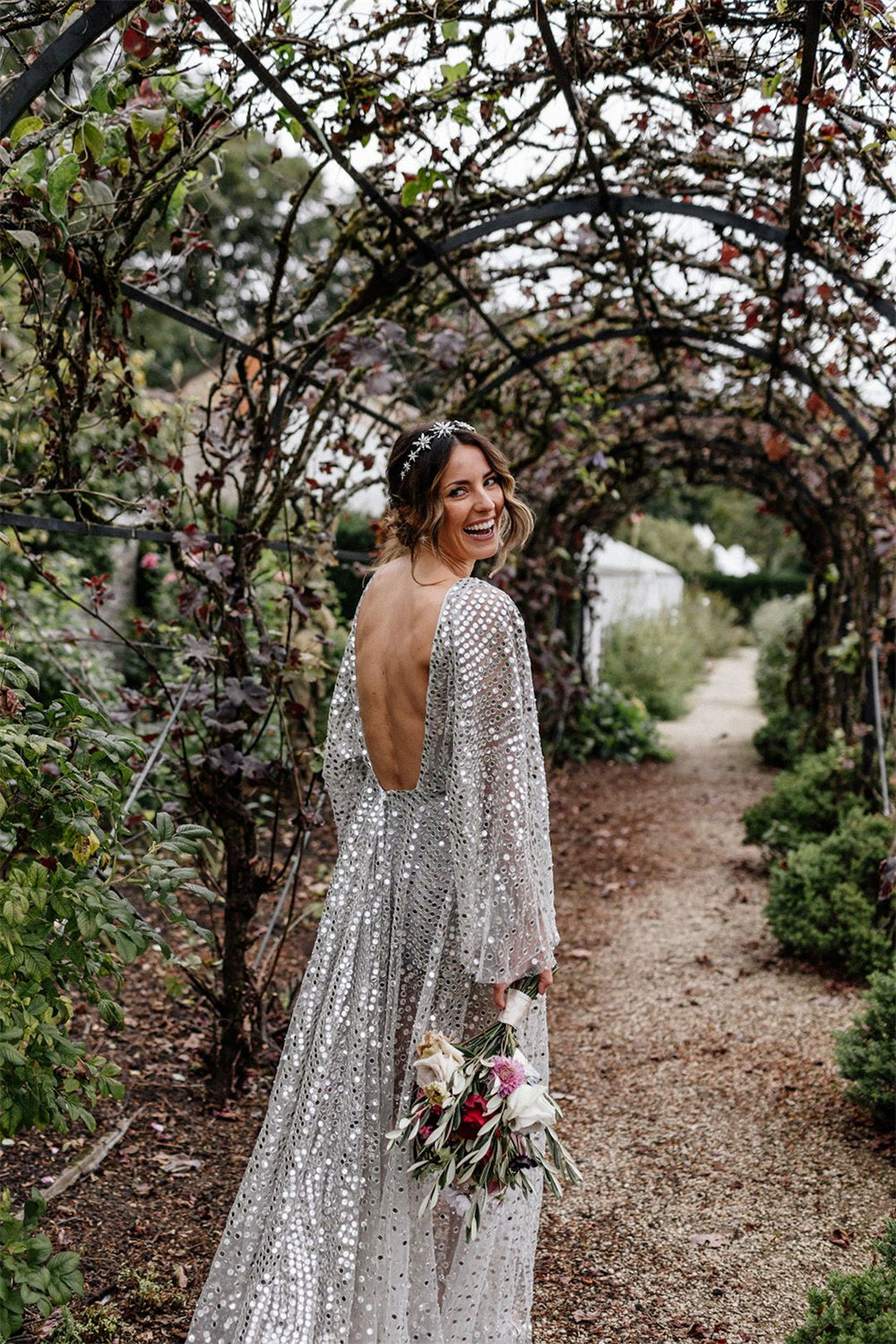 Silver Sequin Wedding Dresses with Open Back