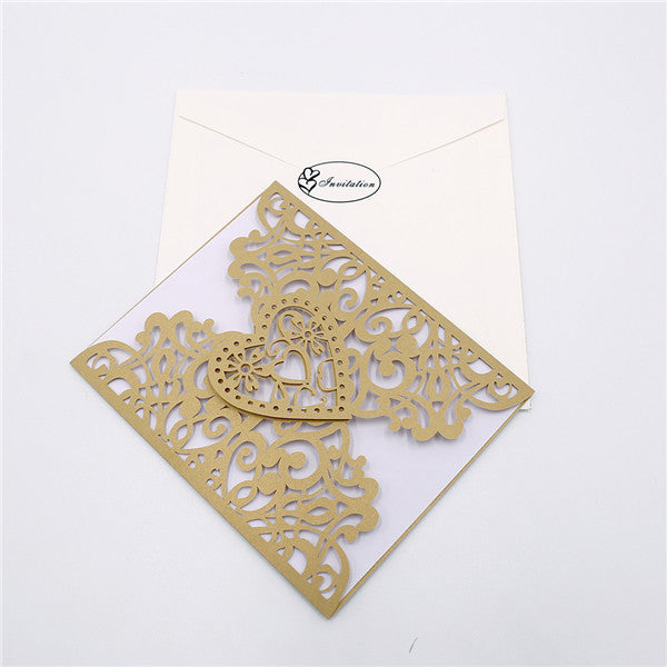 Affordable gold laser cut heart-shaped wedding invitations LC037