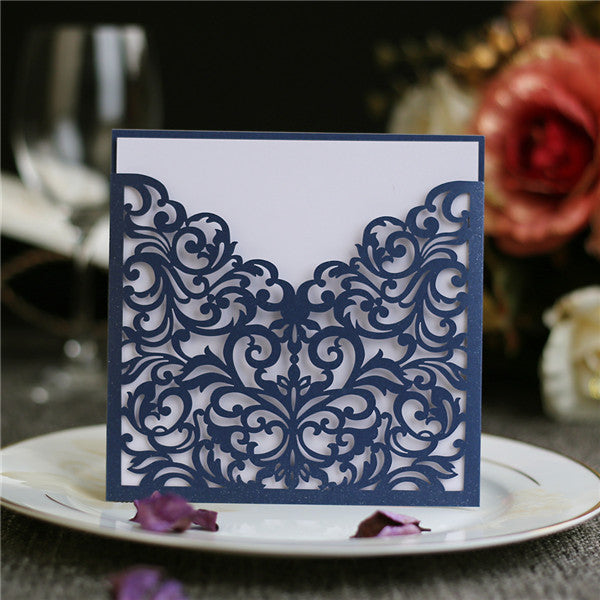 Chic and modern navy blue laser cut wedding invites with white inner cards LC052