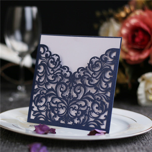 Chic and modern navy blue laser cut wedding invites with white inner cards LC052